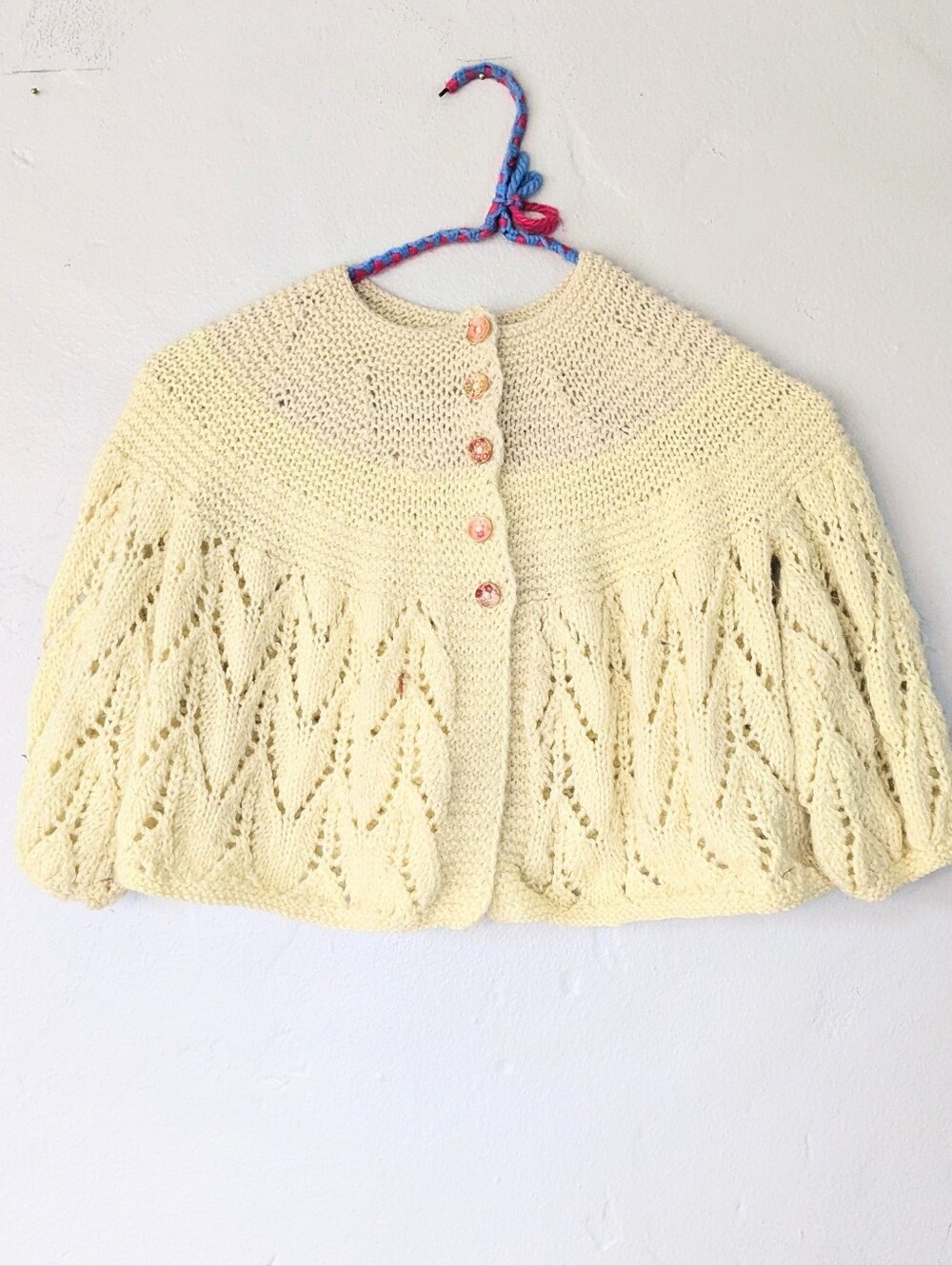 Handmade Cream Knit Capelet Cardigan Openwork Lace Floral Buttons Yellow